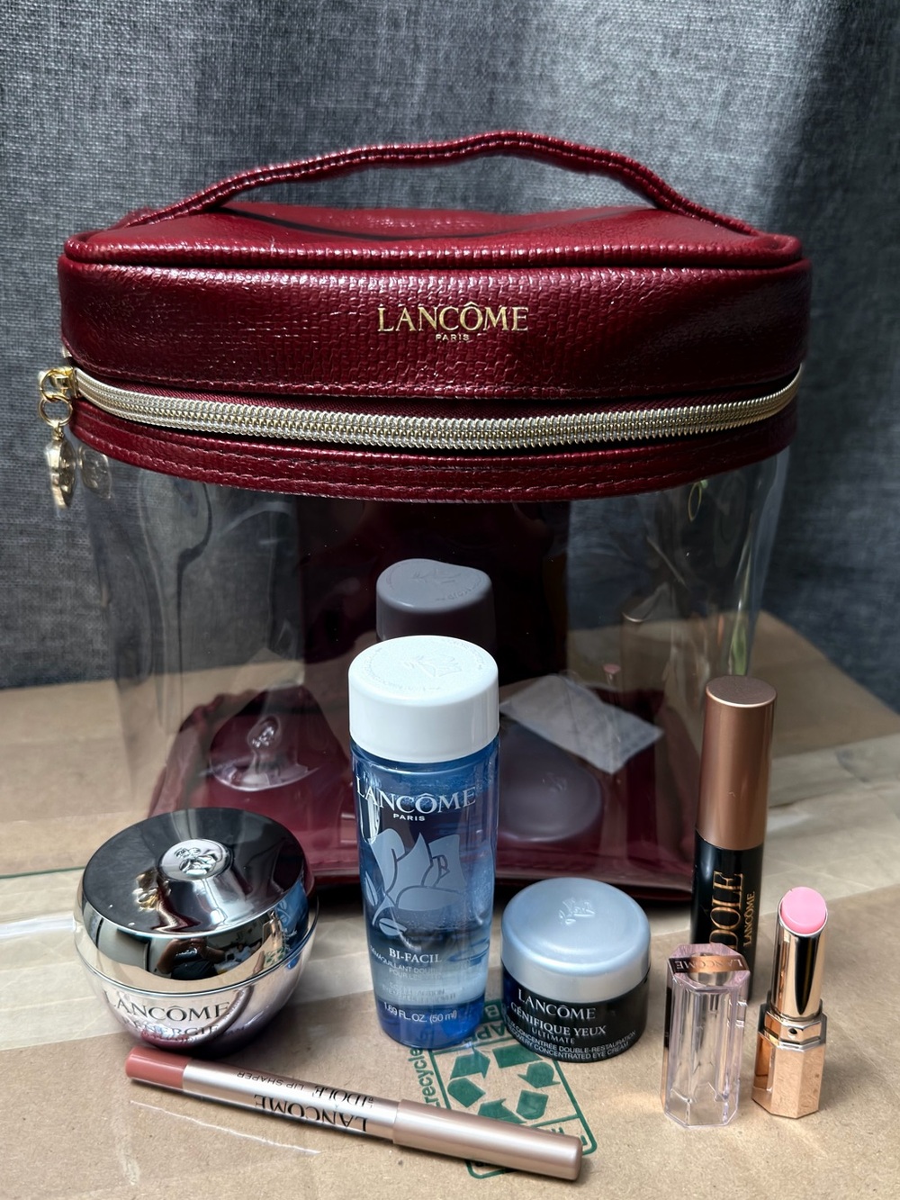 Lancome Burgundy Clear Cosmetic Train Case with Gold Trim